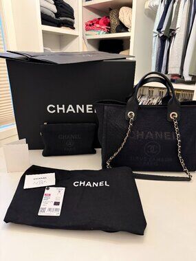 Chanel Deauville Small Shopping Bag Tote in Black Receipt Box Dust Tags